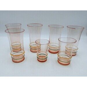 US Glass Co Painted Pin-Striped Glassware Set 6 Depression Glass Tumbler Juice